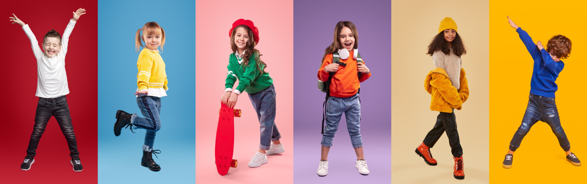 Diverse group of happy children expressing confidence and individuality, representing the positive impact of applied behavior analysis in fostering social and emotional development.